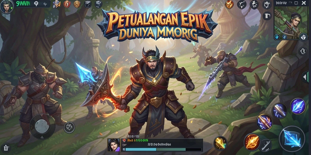 Screenshot gameplay 9WIN menunjukkan pertarungan seru dan eksplorasi dunia yang luas.
