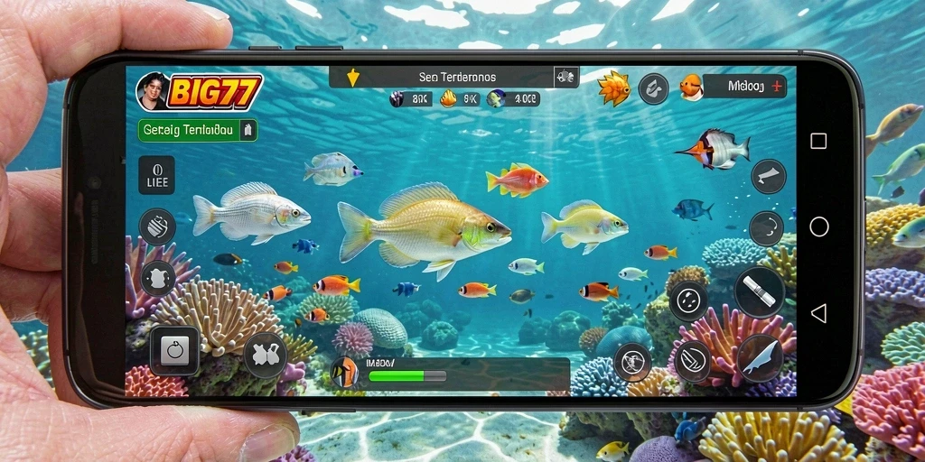Tangkapan layar utama menunjukkan aksi menembak ikan yang seru di BIG77.