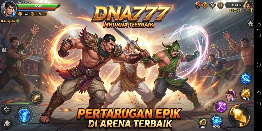 Screenshot utama menunjukkan pertarungan seru dalam game DNA777.
