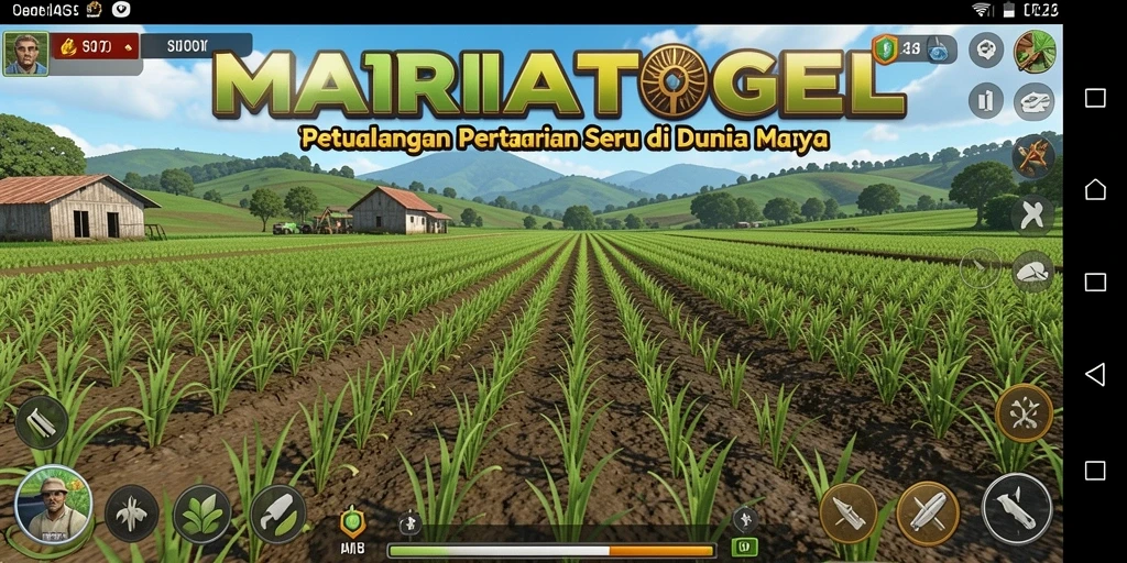 Tampilan gameplay MARIATOGEL dengan ladang yang subur dan hewan ternak.