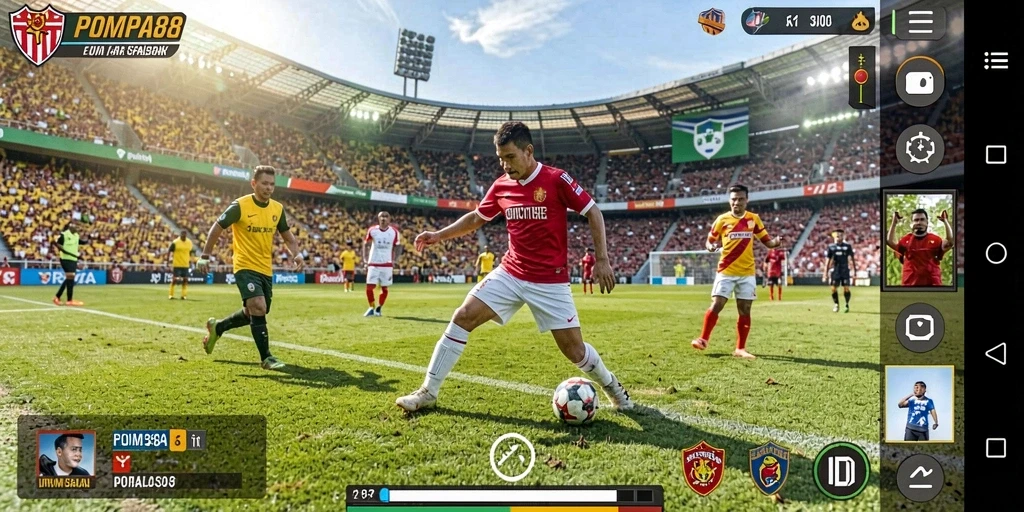 Tampilan gameplay di POMPA88 dengan aksi sepak bola seru.