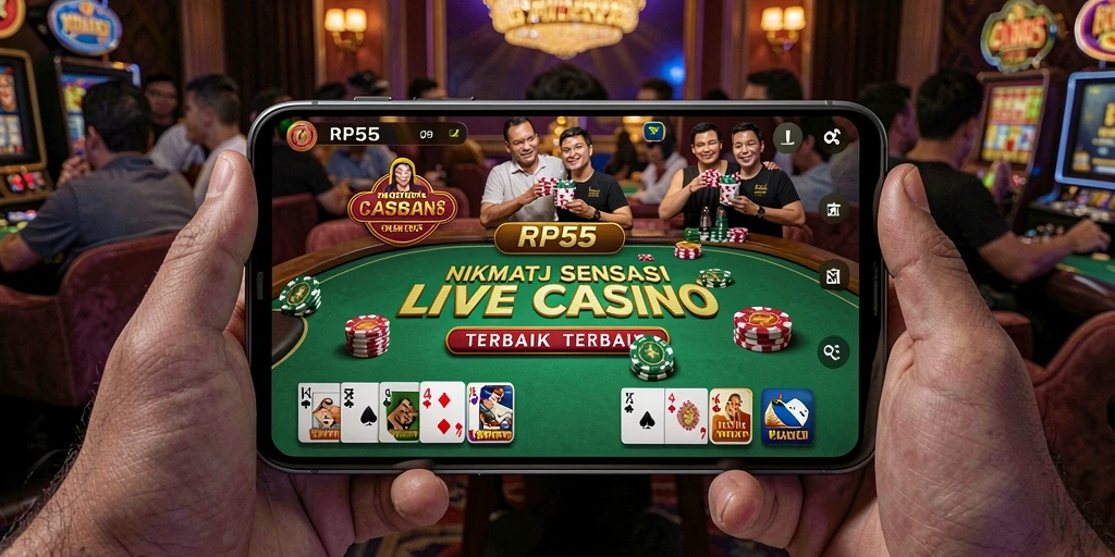 Screenshot gameplay RP55 menampilkan dealer dan pemain sedang berinteraksi di meja permainan.