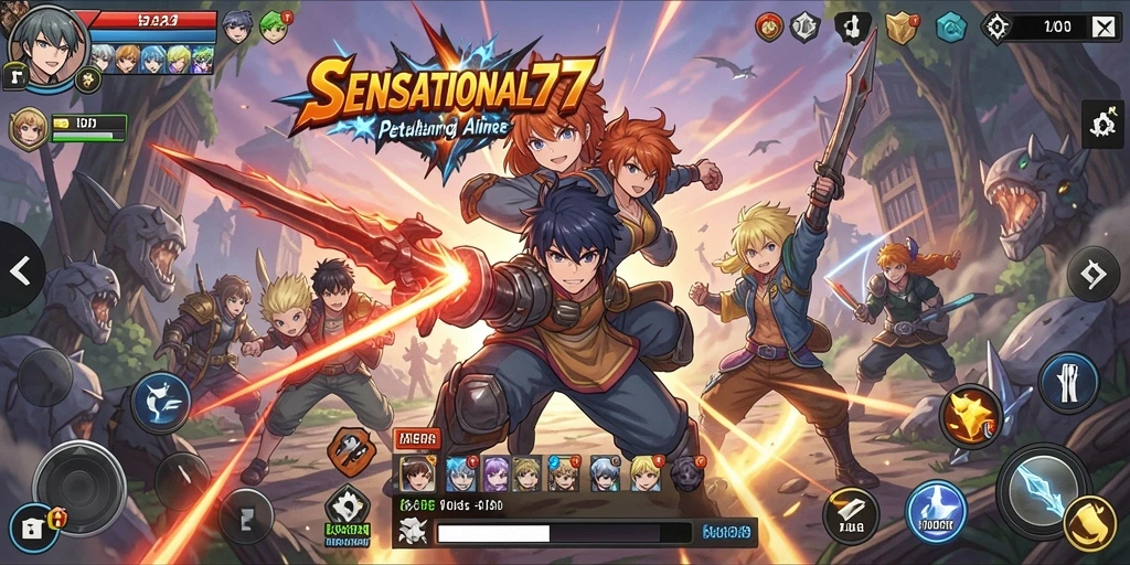 Screenshot gameplay SENSATIONAL77 yang menampilkan pertarungan karakter Anime.