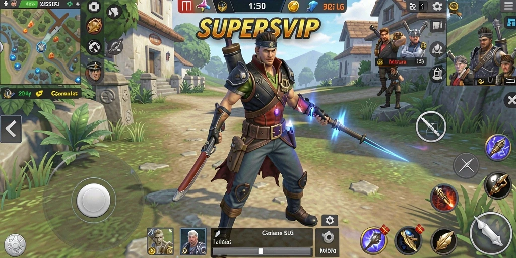 Tangkapan layar gameplay SUPERSVIP yang menunjukkan pembangunan kerajaan.
