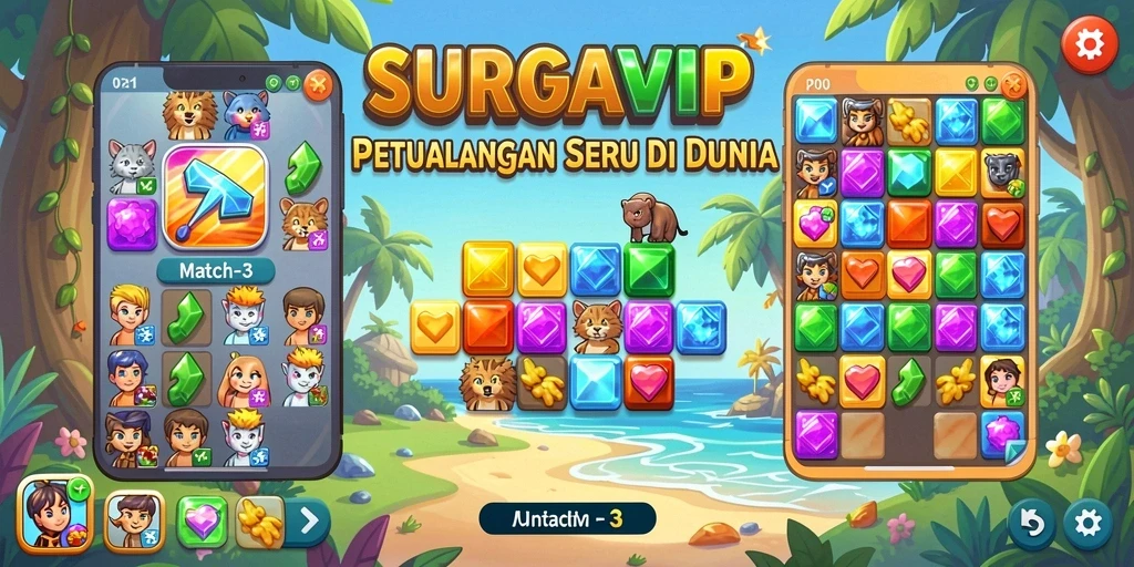 Menampilkan gameplay seru SURGAVIP dengan tantangan Match-3.
